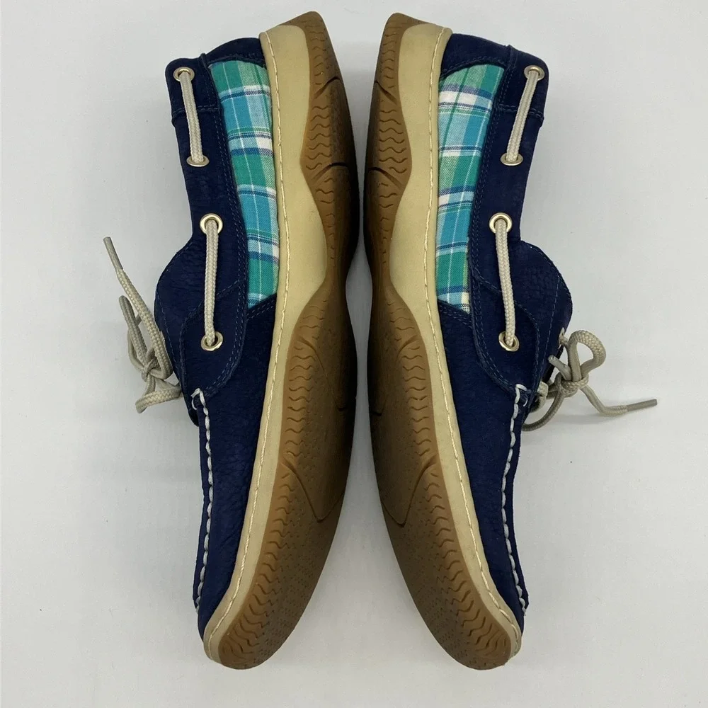 Tommy Hilfiger Navy Blue Plaid Boat Shoes‎ Womens 9.5 M Nautical Yacht Preppy